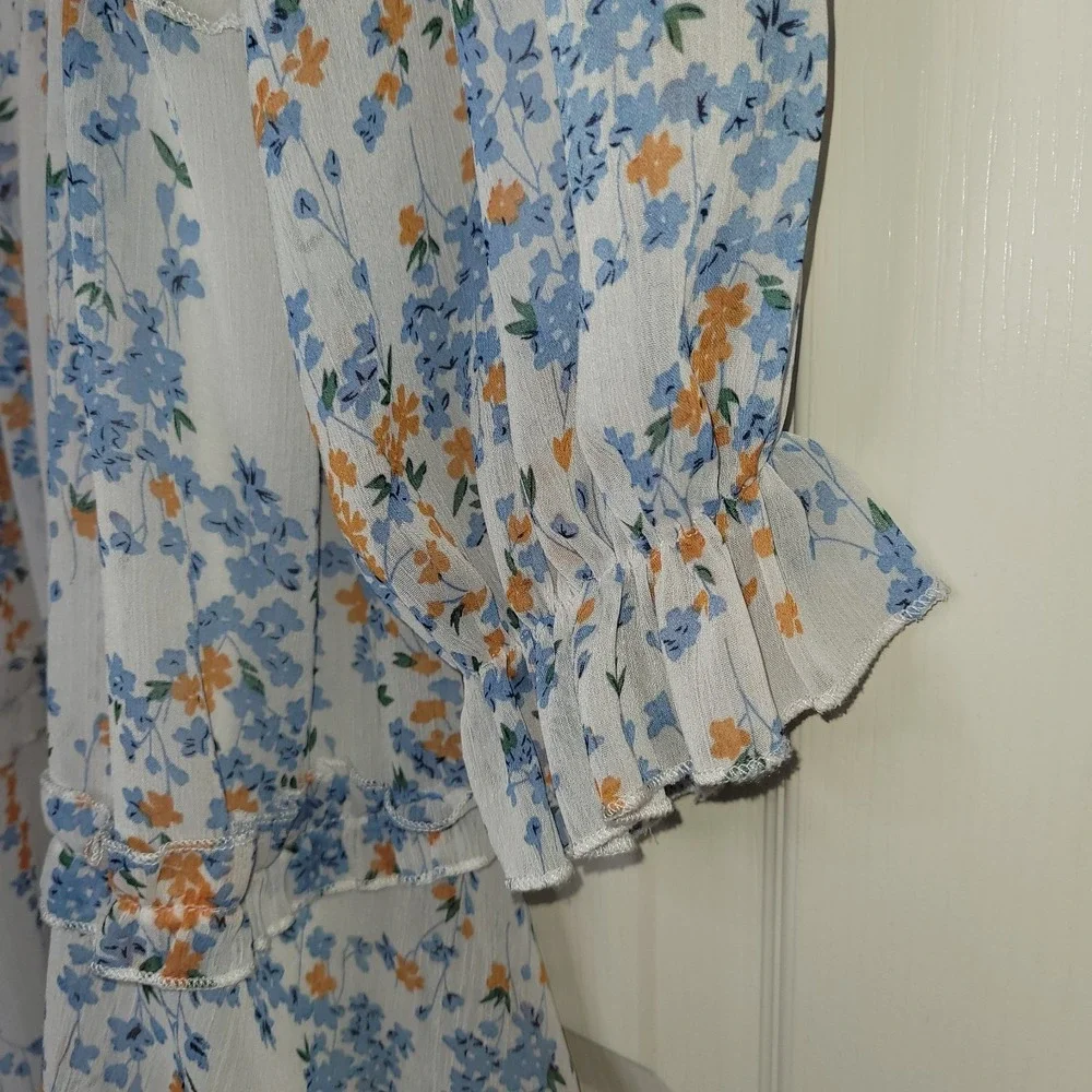 Women's M White Blue Orange Floral Fit & Flare Dress V-Neck Back Cutout Ruffle